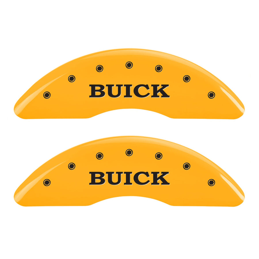 Caliper Covers MGP 49012SBSHYL (Yellow Powder Coat Finish, Engraved Front: Buick - Engraved Rear: Buick Shield, Black Characters, Set of 4)