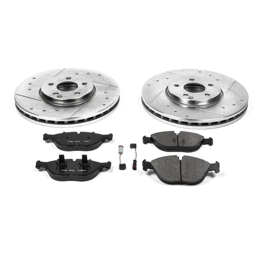 Power Stop K5118 Z23 Carbon Fiber Brake Pads Front with Drilled & Slotted Brake Rotors Kit For Mercedes-Benz E500 2004-2005 [Model Specific]