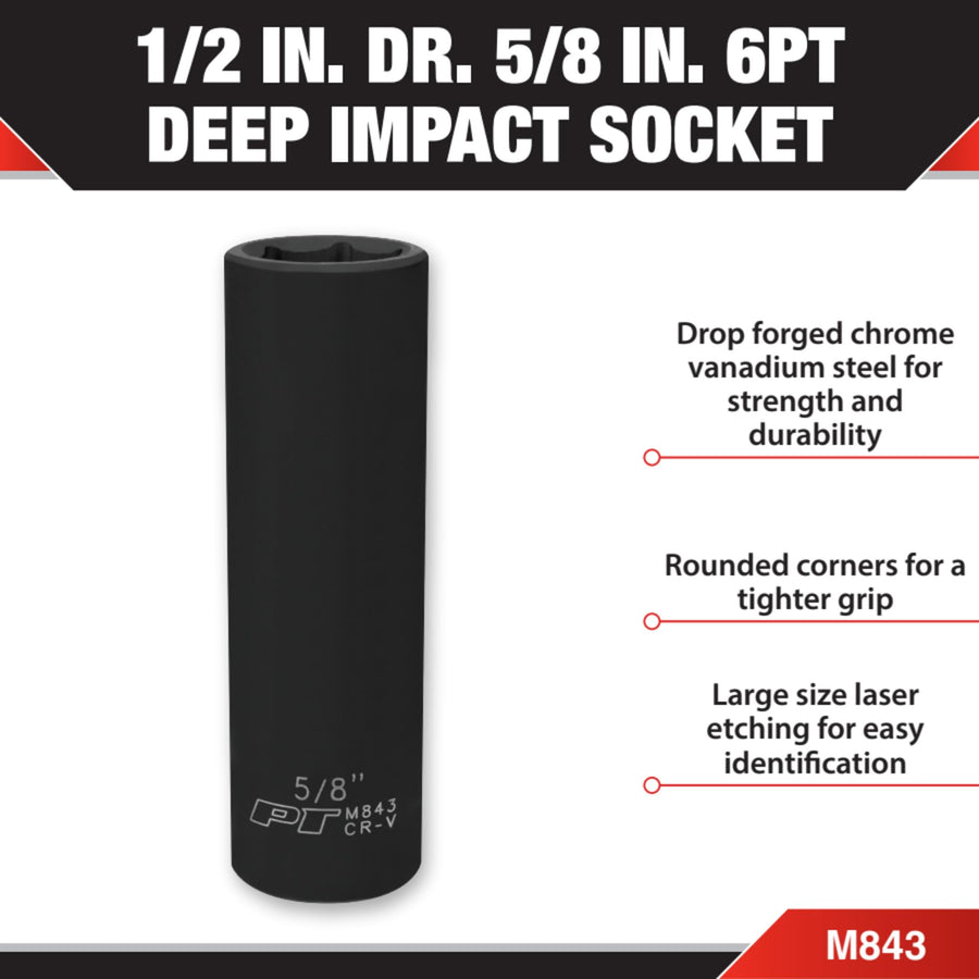 M843 Performance Tool 1/2 Drive Impact Socket, 5/8 - Chrome Vanadium, 6 Point Deep Steel Socket for Heavy Duty Automotive and DIY Applications