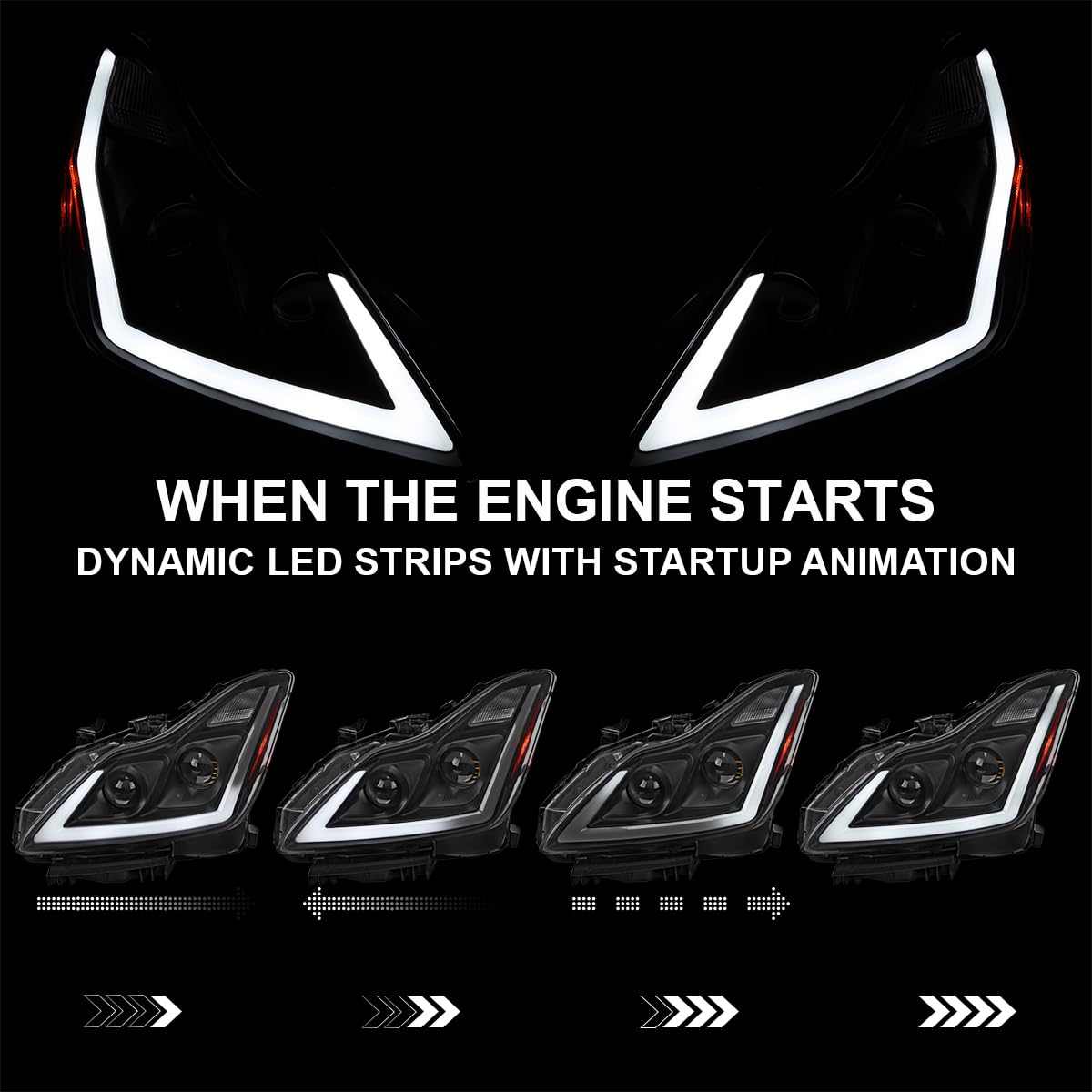 Black SPEC-D TUNING Projector Headlights w/LED Sequential Turn Signal and Startup Animation Compatible with 2008-2015 Infiniti G37, Q60 2DR Coupe, Left + Right Pair Headlamp Assembly