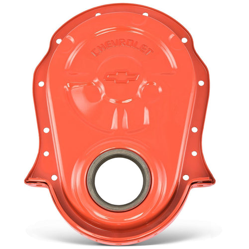 ProForm Timing Cover, Chevrolet/Bowtie Logo, 1 Piece, Oil Seal Included, Steel, Orange Paint, Big Block Chevy, Each