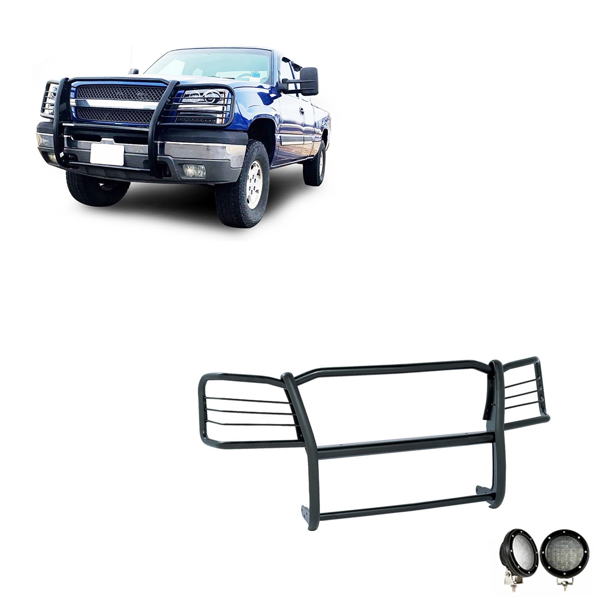 Grille Brush Black Horse Bumper Guard Modular Come with Pair of 5.3" LED Lights with Black Trim Rings Compatible with 2003-2006 Silverado 1500|2007 Silverado 1500 HD Classic-17GT25MA-PLFB