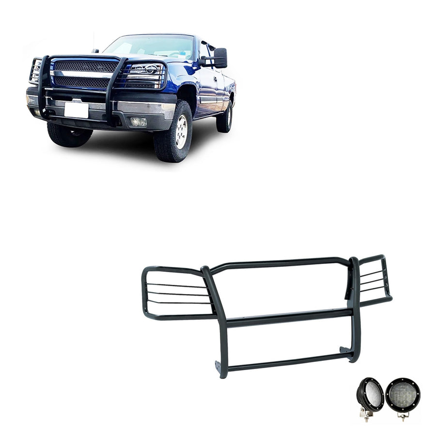 Grille Brush Black Horse Bumper Guard Modular Come with Pair of 5.3" LED Lights with Black Trim Rings Compatible with 2003-2006 Silverado 1500|2007 Silverado 1500 HD Classic-17GT25MA-PLFB