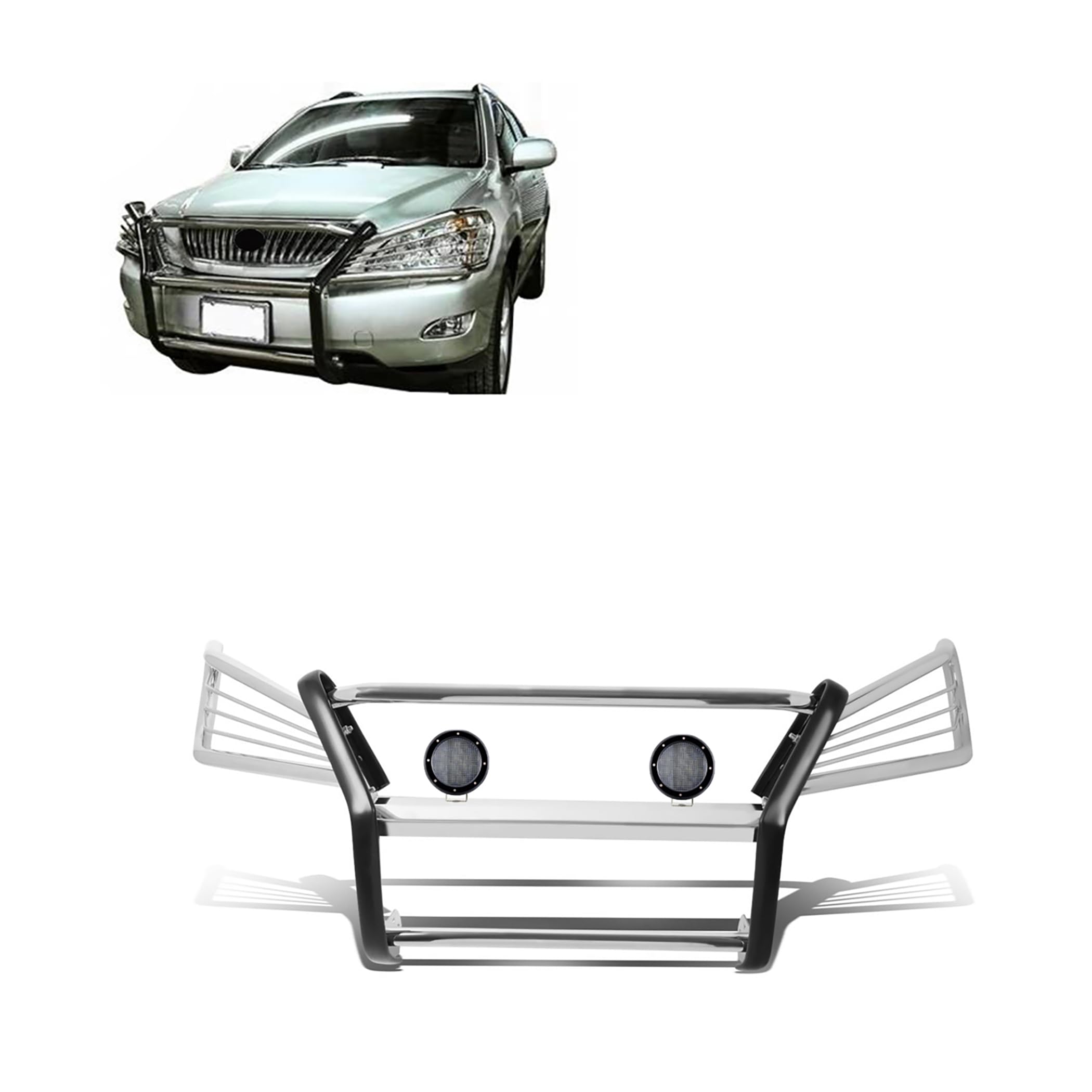 Grille Brush Black Horse Bumper Guard Modular Stainless Steel Come with Pair of 5.3" Dia.LED Lights with Black Trim Rings Compatible with 2004-2006 Lexus RX330|2007-2009 Lexus RX350-17G80330MSS-PLFB