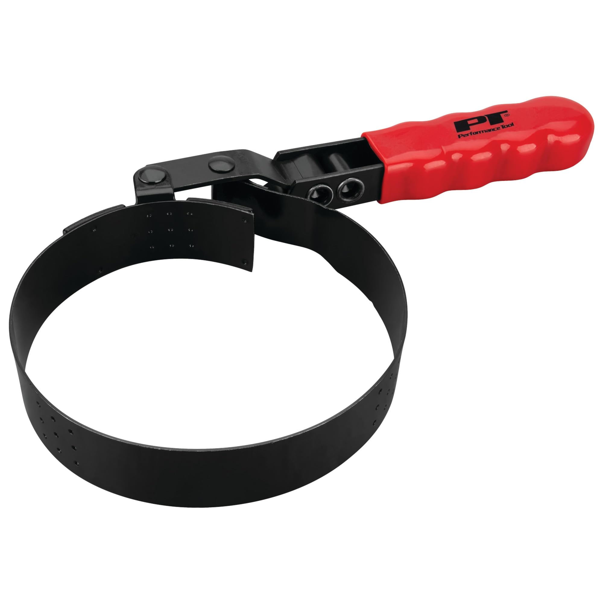 W54134 Performance Tool Oil Filter Wrench, Swivel Handle, Studded Steel Band, 4 in. to 4 3/8 in. (101.5mm to 111mm) Diameter, Black/Red