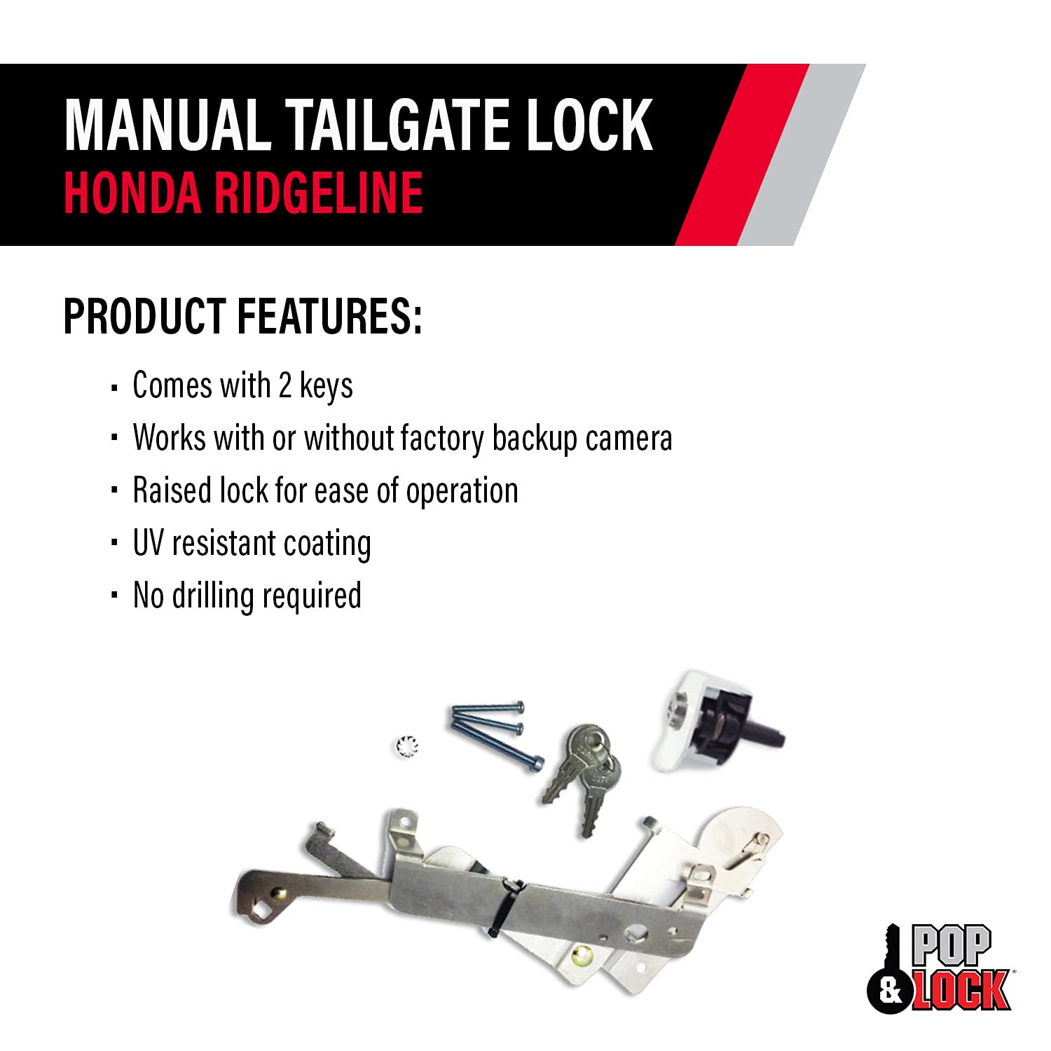 Manual Tailgate Lock for Honda Ridgeline – Pop & Lock, Fits 2005 to 2016 (Silver, PL6102, Traditional Design)