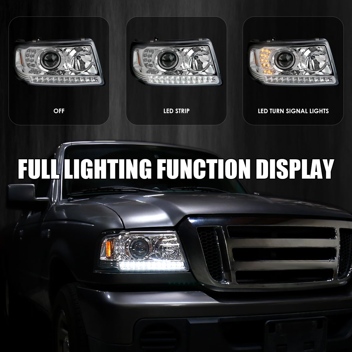 Chrome Projector Headlights w/LED Strip and LED Turn Signal SPEC-D TUNING Compatible with 2001-2011 Ford Ranger, Left + Right Pair Headlamps Assembly