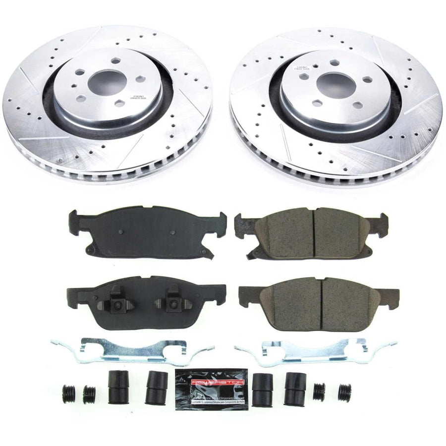 Power Stop K8321 Z23 Carbon Fiber Brake Pads Front with Drilled & Slotted Brake Rotors Kit For Ford Edge 2019-2021, Lincoln Nautilus 2019-2021 [Model Specific]