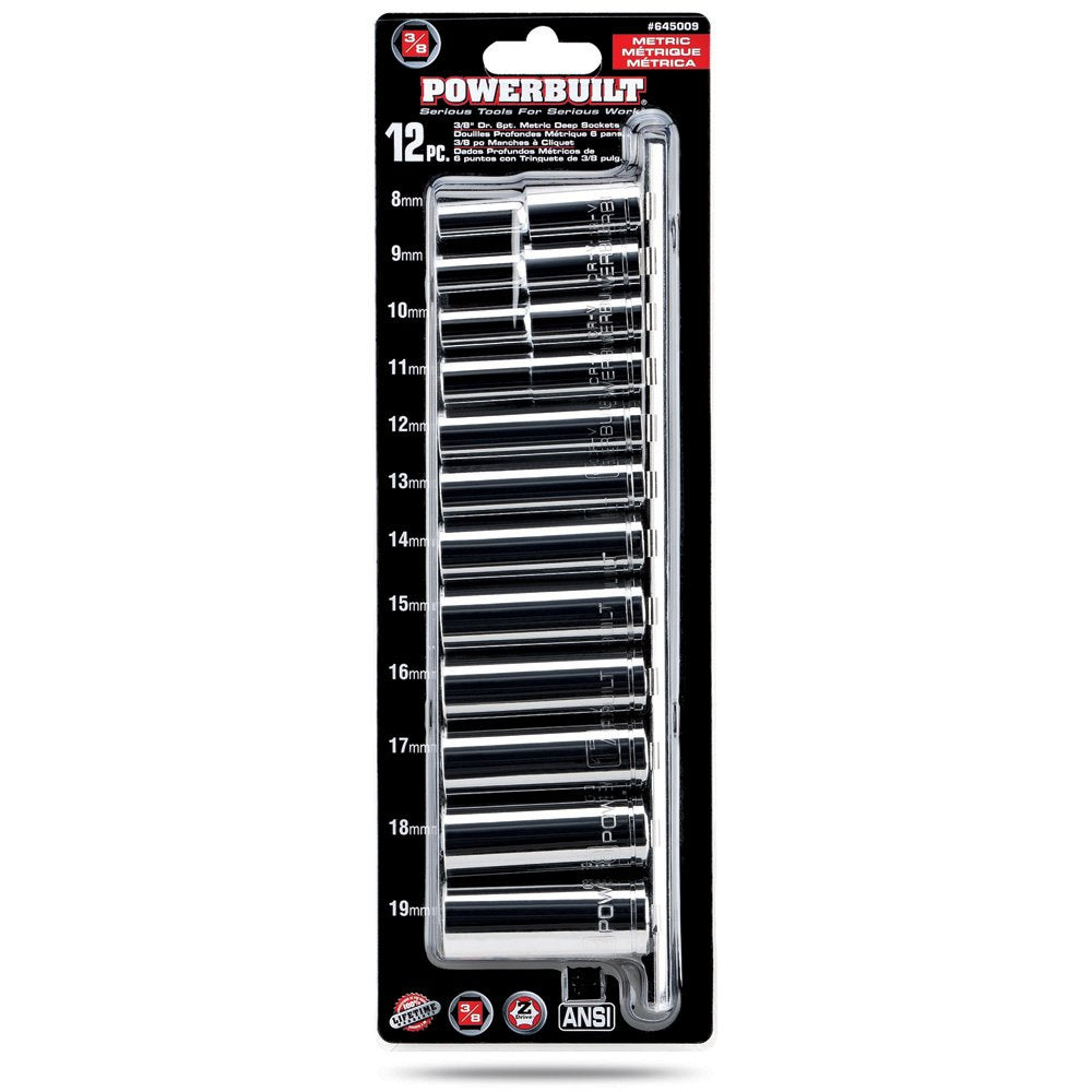 12 Piece Powerbuilt 3/8 Inch Drive Metric 6 Point Deep Socket Set - 645009
