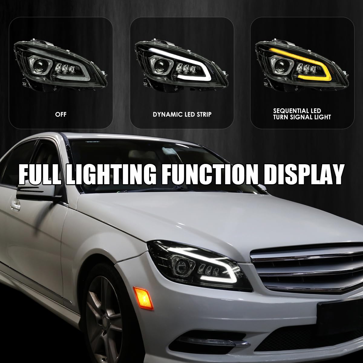 Black Smoke SPEC-D TUNING Full LED Projector Headlights w/Sequential Turn Signal Compatible with 2008-2011 Mercedes Benz W204 C-Class, Left + Right Pair Headlamps Assembly
