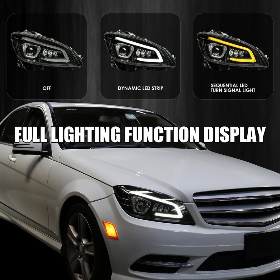Black Smoke SPEC-D TUNING Full LED Projector Headlights w/Sequential Turn Signal Compatible with 2008-2011 Mercedes Benz W204 C-Class, Left + Right Pair Headlamps Assembly