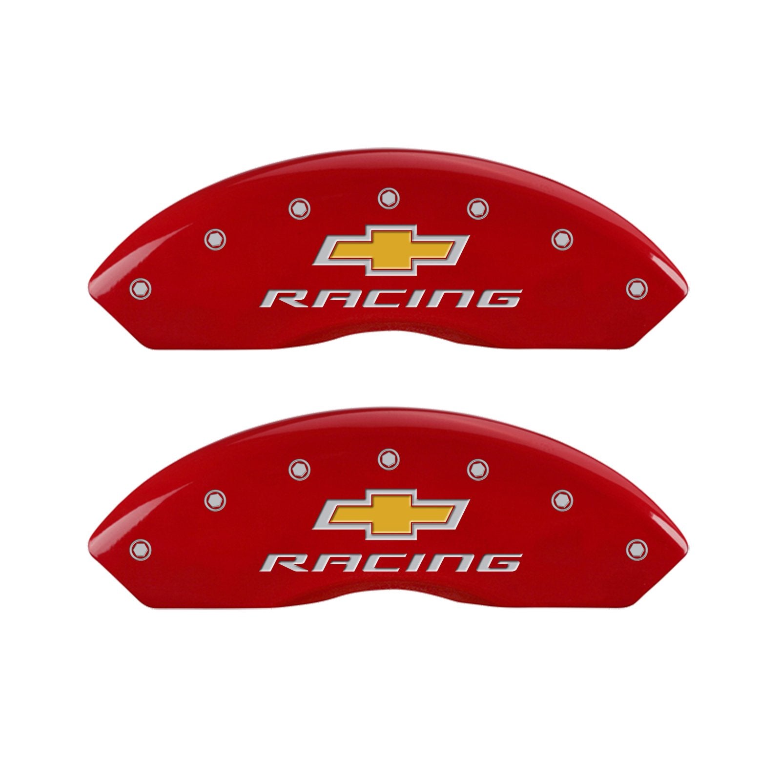 MGP Set of 4 Caliper Covers 13013SBRCRD, Engraved Front and Rear: Chevy Racing, Red Powder Coat Finish, Silver Characters