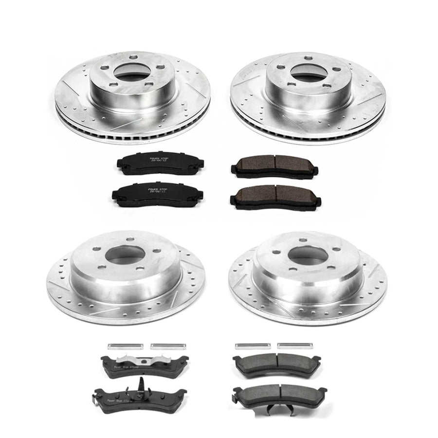 Power Stop K5596 Z23 Carbon Fiber Brake Pads Front and Rear with Drilled & Slotted Brake Rotors Kit For Ford Explorer Sport 2001-2002 [Model Specific]