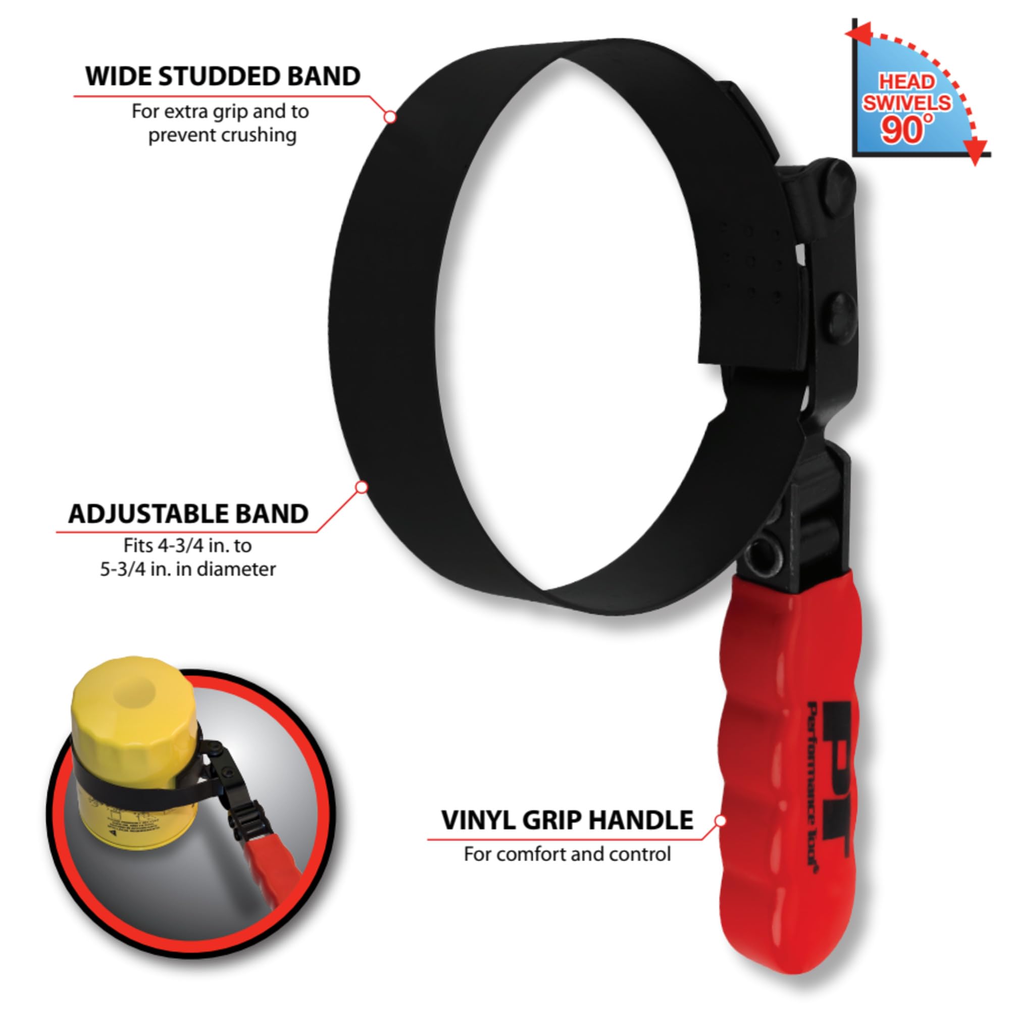W54149 Performance Tool Oil Filter Wrench, Swivel Handle, Studded Steel Band, 3-1/2 in. to 3-7/8 in. (89mm to 98mm) Diameter, Black/Red