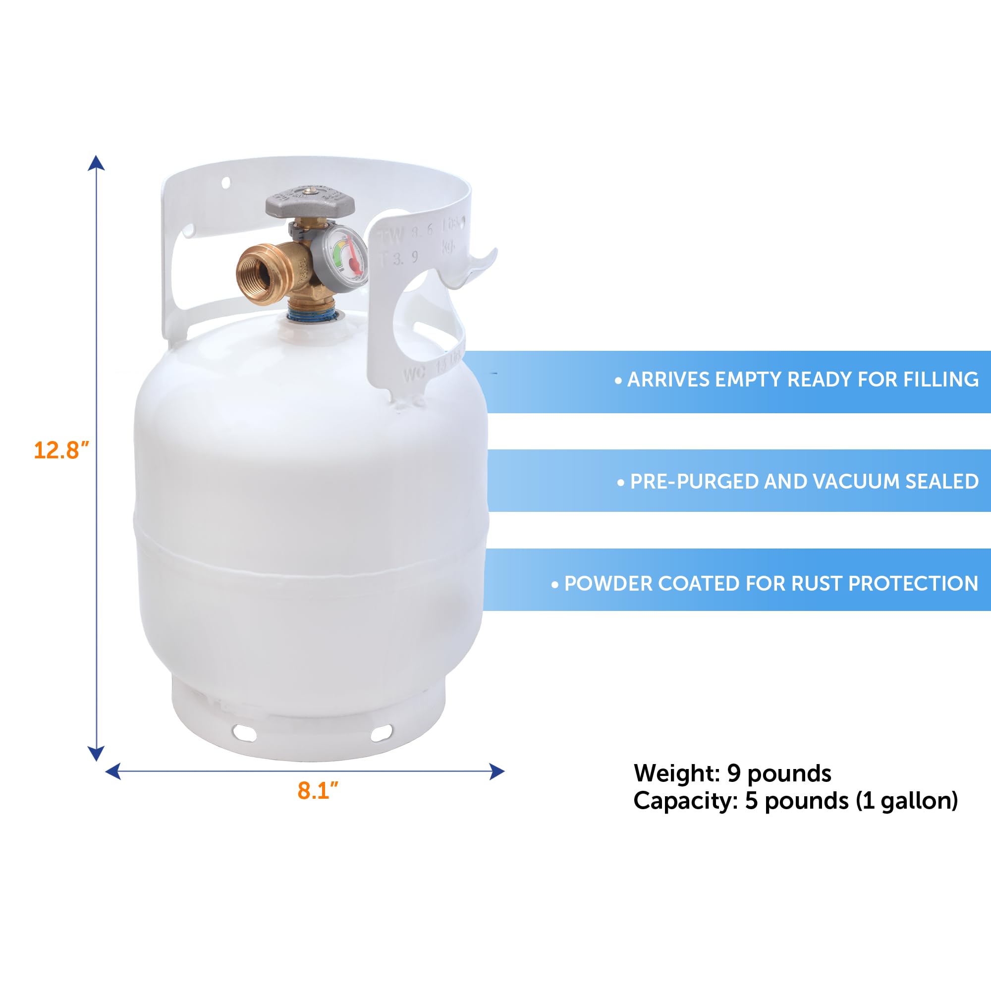 Flame King 5lb YSN5LB-GAUGE Steel Propane Tank Cylinder with Gauge and OPD Valves for Grills and BBQs, Camping, Fishing, & Outdoor Activities, White