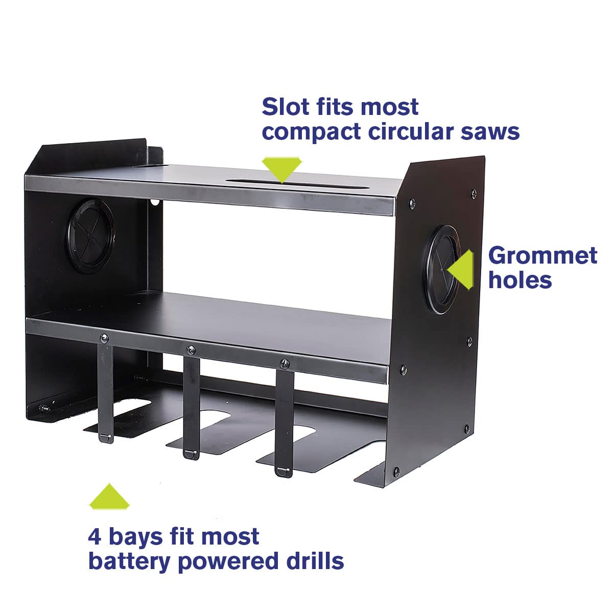 4-Bay Montezuma Steel Power Tool Holder and Organizer Storage Rack and Shelf