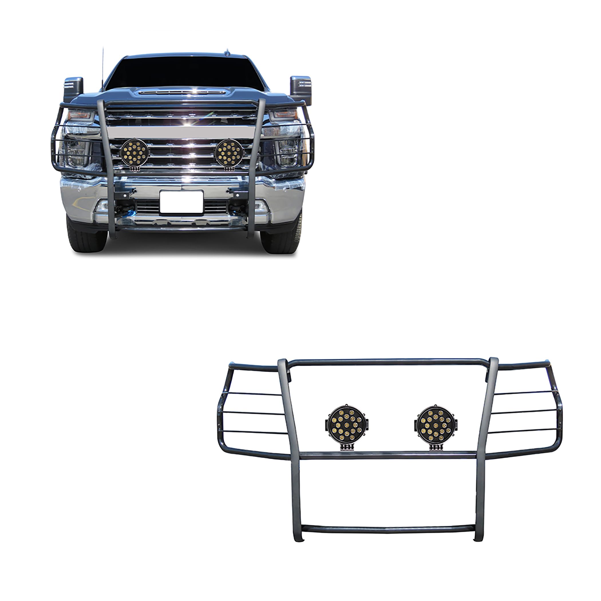 Grille Brush Black Horse Bumper Guard Modular Black Come with Pair of 7.0" Dia.LED Lights with Black Trim Rings Compatible with 2020-2024 Silverado 3500 HD|2020-2024 Silverado 2500 HD-17GT30MA-PLB