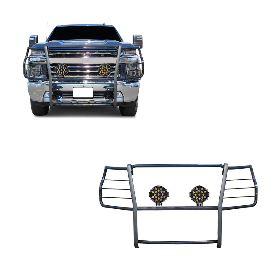 Grille Brush Black Horse Bumper Guard Modular Black Come with Pair of 7.0" Dia.LED Lights with Black Trim Rings Compatible with 2020-2024 Silverado 3500 HD|2020-2024 Silverado 2500 HD-17GT30MA-PLB