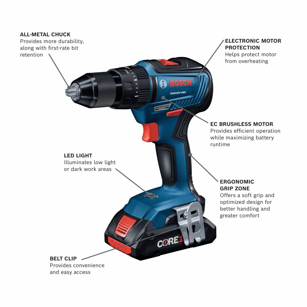 Bosch GXL18V-233B25 18V Combo Kit with 1/2 In. Hammer Drill/Driver, Two-In-One 1/4 In. and 1/2 In. Bit/Socket Impact Driver/Wrench and (2) CORE18V® 4 Ah Advanced Power Batteries