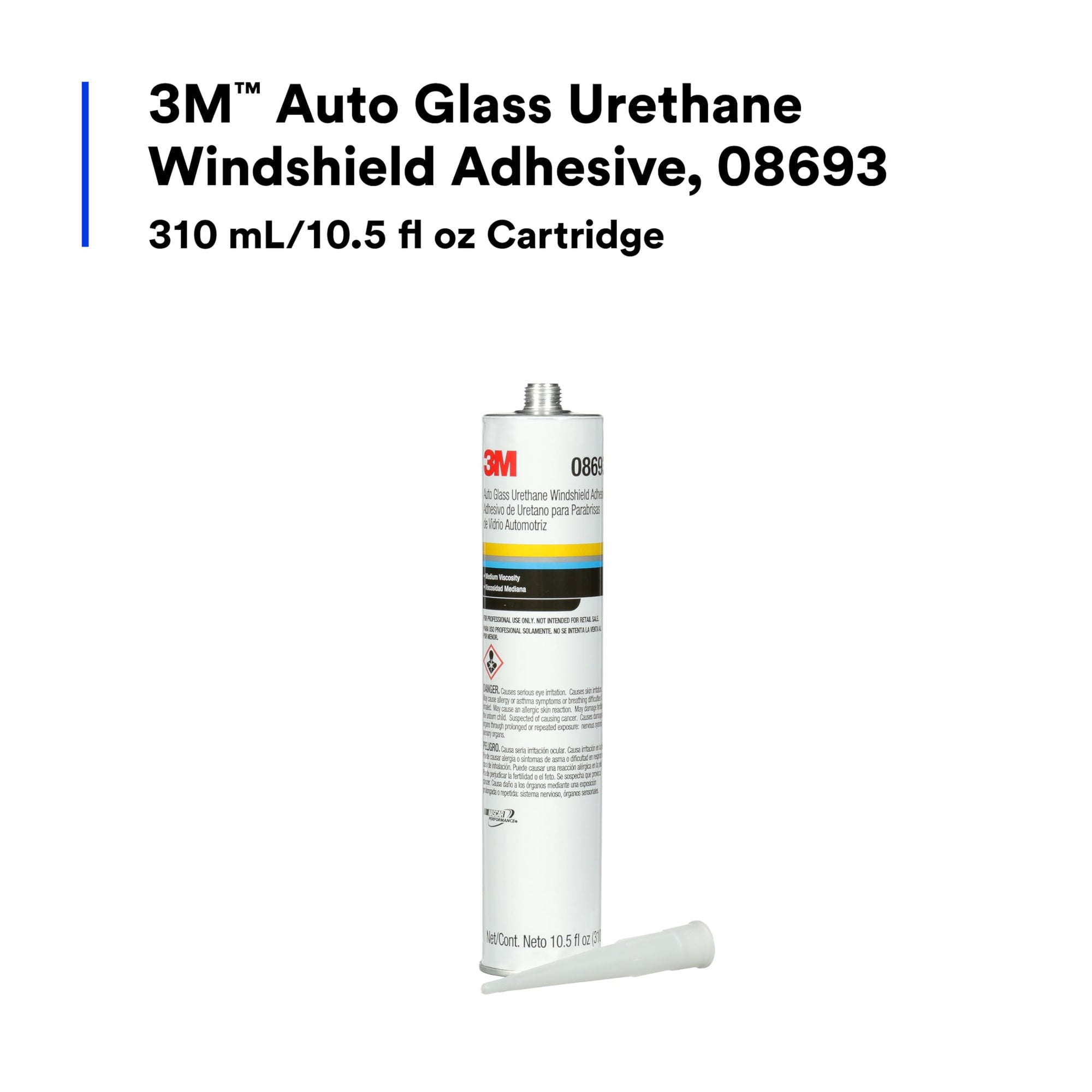 3M Urethane Auto Glass Windshield Adhesive, 08693, Medium Viscosity, High-Strength, Fast-Curing, 310 mL/10.5 fl oz Cartridge, Black