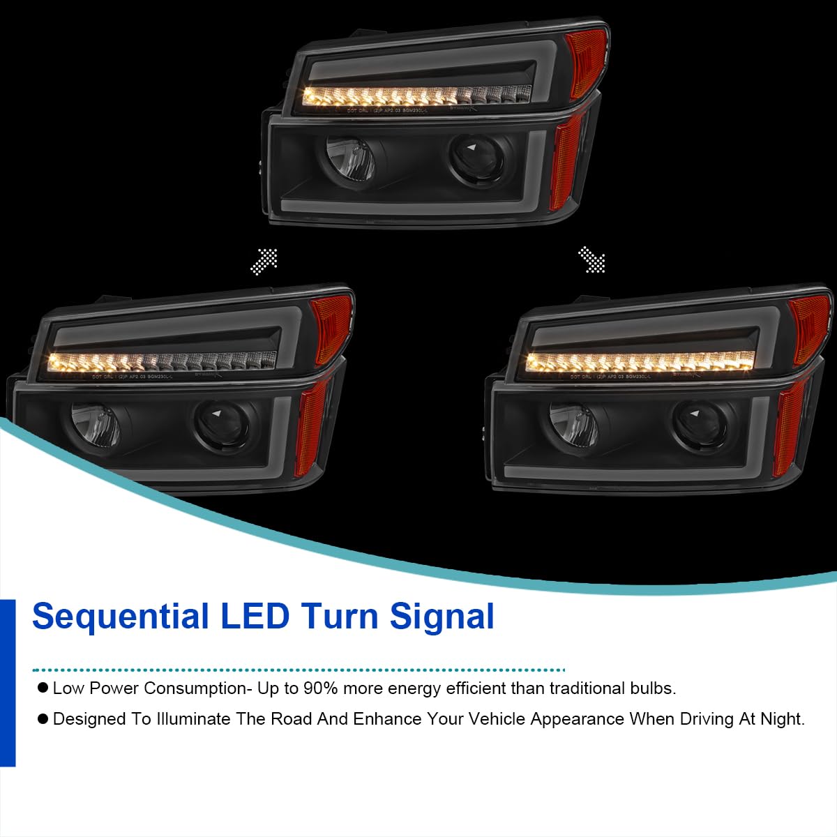 Black SPEC-D TUNING Projector Headlights with Sequential LED Turn Signal Light Compatible with 2004-2012 Chevy Colorado, Left + Right Pair Headlamps Assembly
