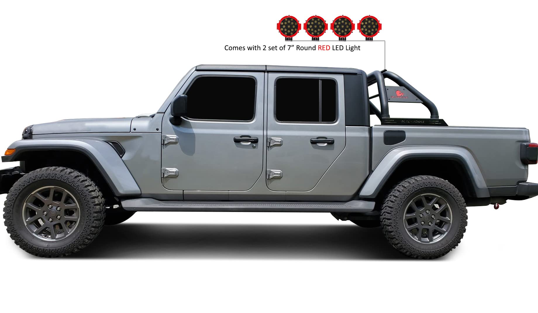 Classic Black Horse Roll Bar Incl. Pair of 7.0" Dia. LED Lights w/Red Trim Rings Compatible with 2020-2024 Jeep Gladiator-RB09BK-PLR