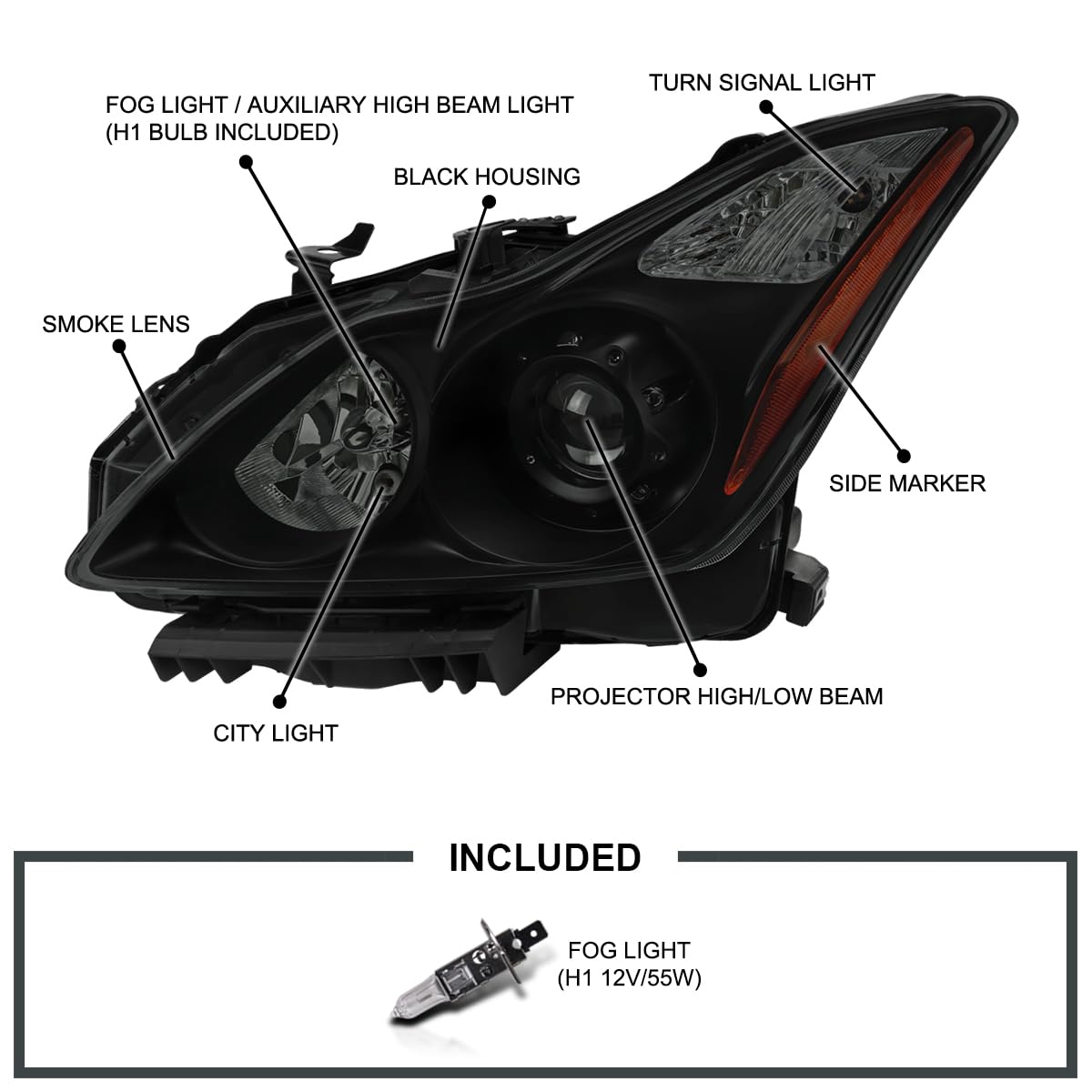 Black Smoke SPEC-D TUNING Projector Headlights w/Integrated Fog Lights Compatible with 2008-2015 Infiniti G37, Q60 2DR Coupe, Left + Right Pair Headlamp Assembly