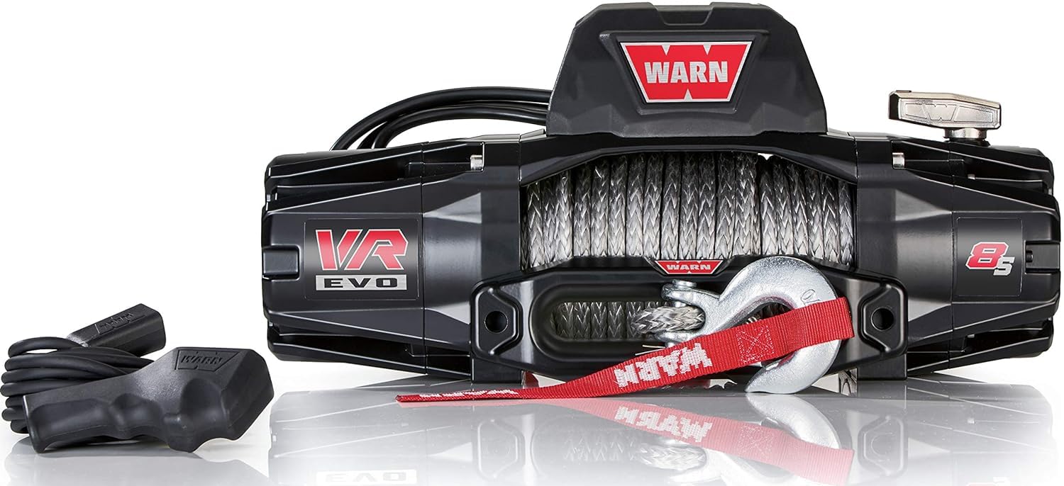 8-S WARN VR EVO Electric 12V DC Winch – 8,000 lb Pulling Capacity, Synthetic Rope, IP68 Waterproof, High-Performance Off-Road Recovery Winch for Jeeps, SUVs, and Light Trucks