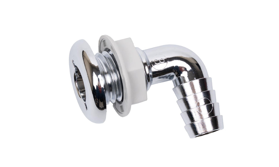 90 Degree Thru-Hull Fitting T-H Marine | 3/4" Chrome Plated Hose Barb for Durable Marine Connections | UV Stabilized Plastic for Longevity | Easy Installation for Maintenance and Replacement