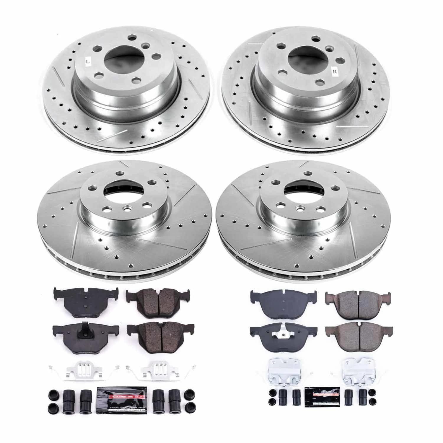 Power Stop K7500 Z23 Carbon Fiber Brake Pads Front and Rear with Drilled and Slotted Brake Rotors Kit and 1 Front & 1 Rear Sensor Wires For 2011 2012 BMW X5 X6