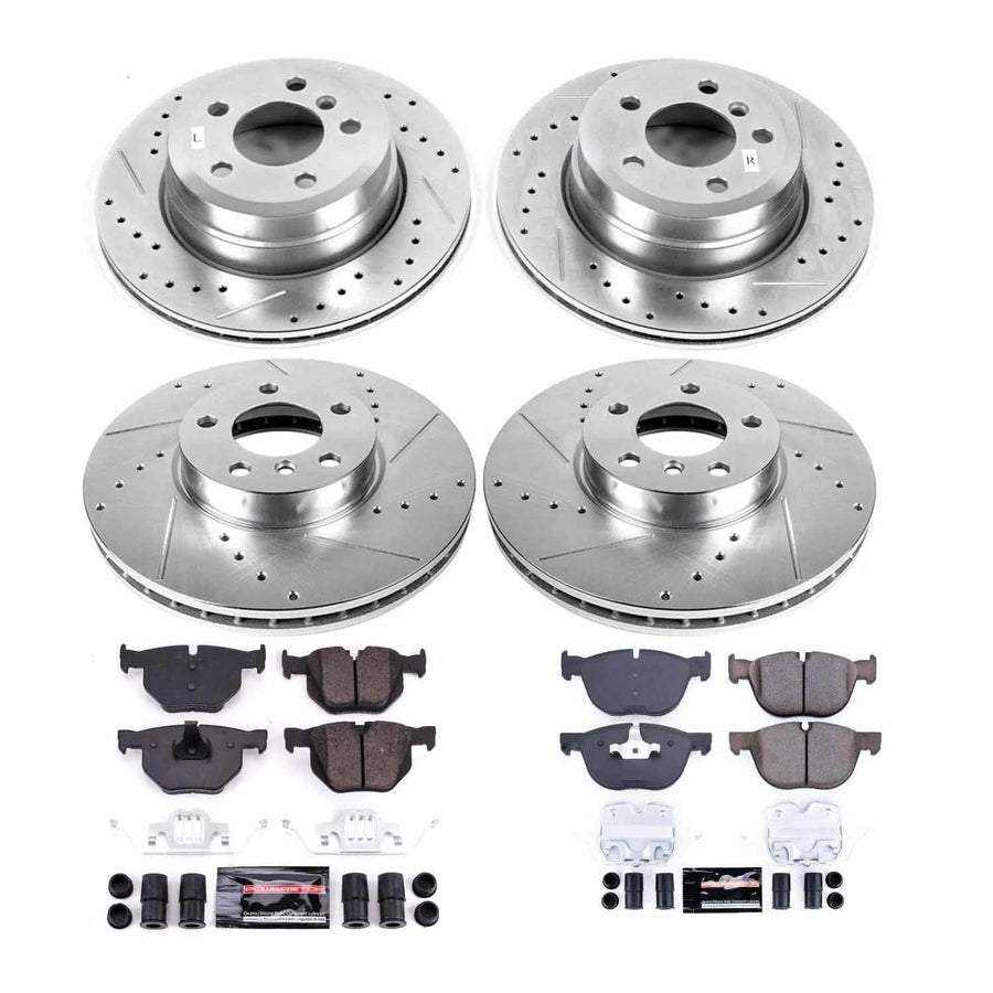 Power Stop K7500 Z23 Carbon Fiber Brake Pads Front and Rear with Drilled and Slotted Brake Rotors Kit and 1 Front & 1 Rear Sensor Wires For 2011 2012 BMW X5 X6