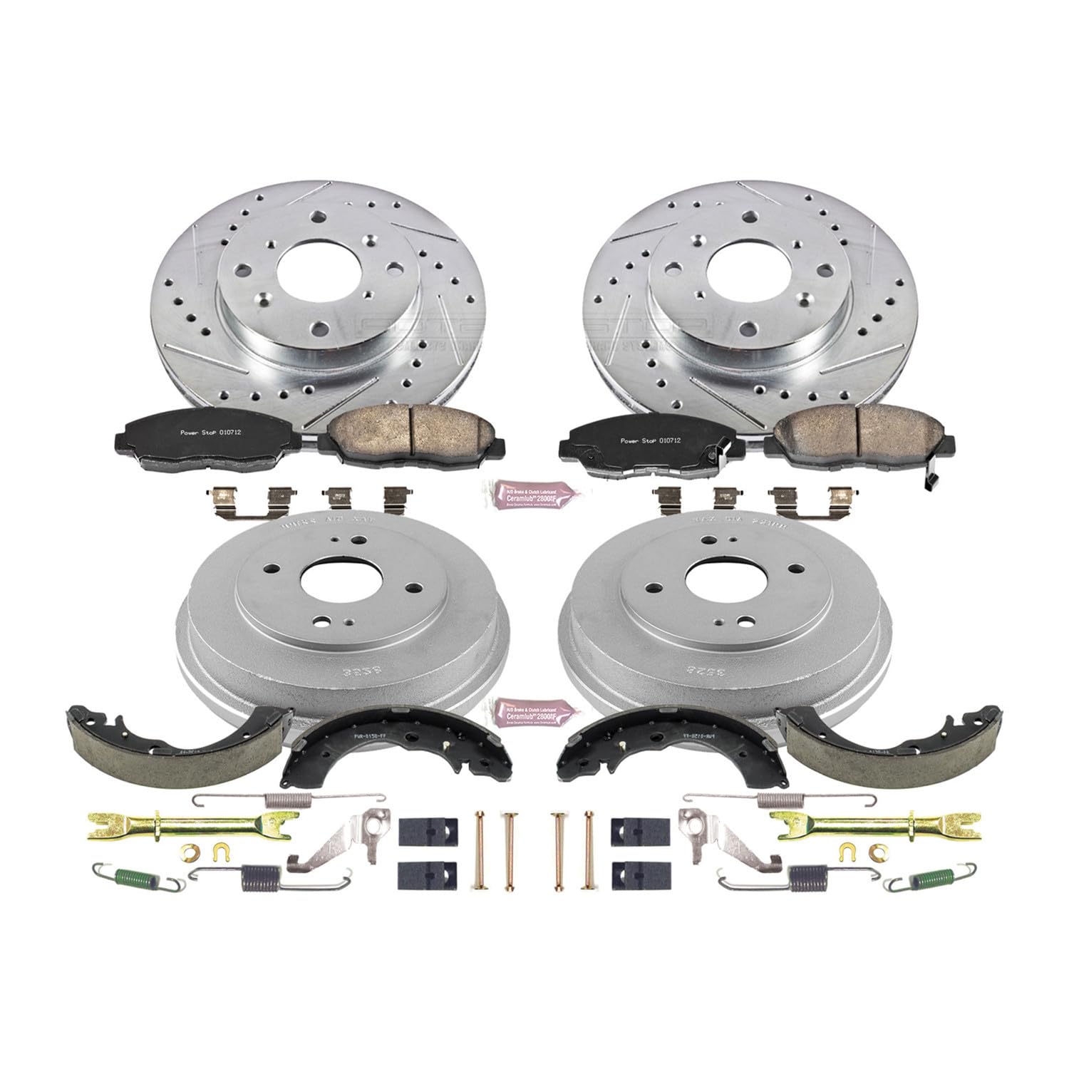 Power Stop K15106DK Z23 Carbon Fiber Brake Pads Front and Rear with Drilled & Slotted Brake Drums Kit For Honda Accord 1998-2002 [Model Specific]