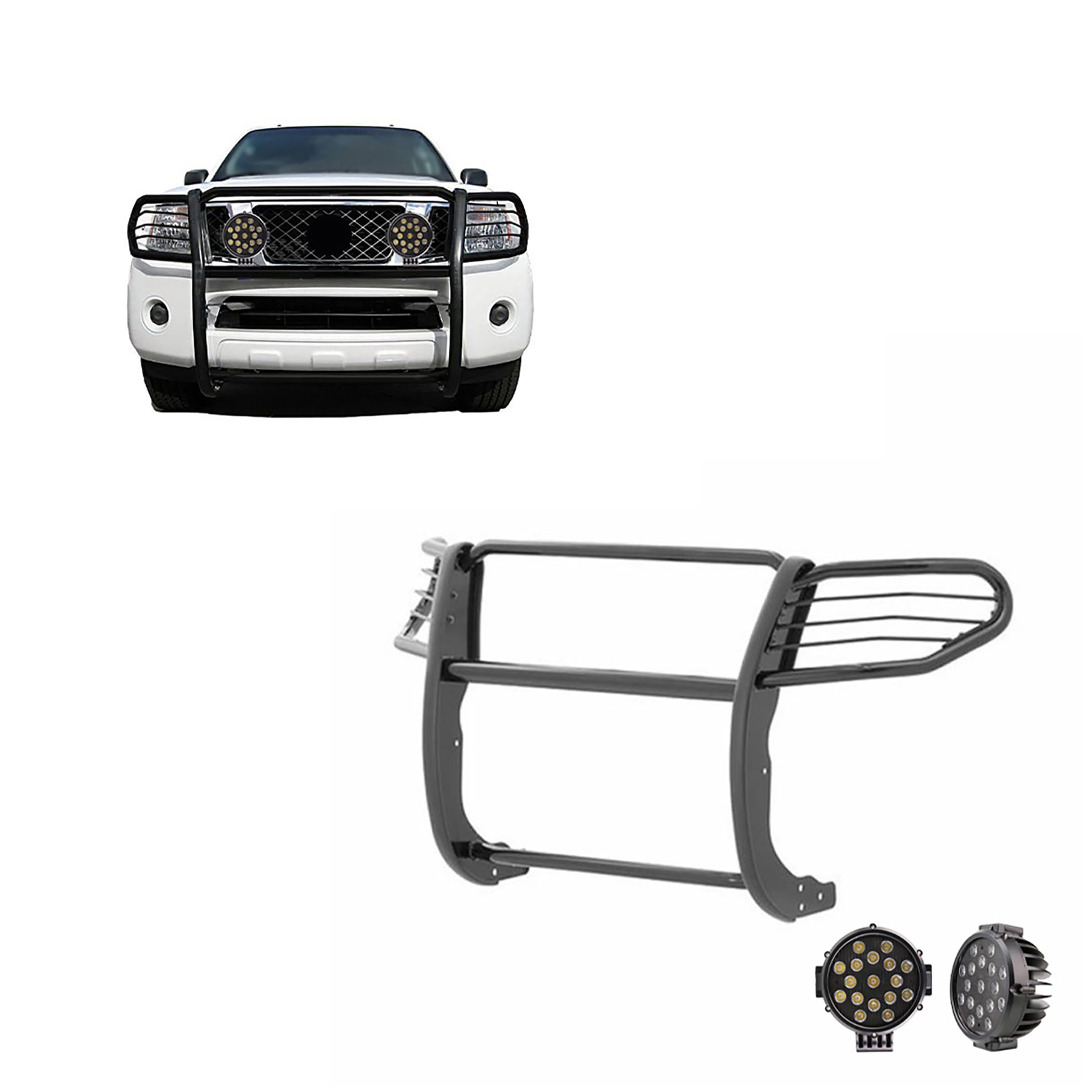 Black Horse Grille Brush Bumper Guard Black Modular Come with Pair of 7.0" Dia.LED Lights with Black Trim Rings Compatible with 2005-2021 Nissan Frontier|2005-2007 Nissan Pathfinder-17A110200MA-PLB