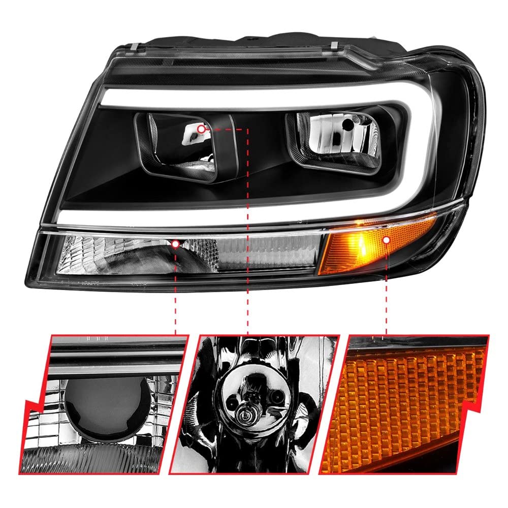 99-04 Jeep Grand Cherokee ANZO Crystal Headlights - w/Light Bar Black Housing (111537)
