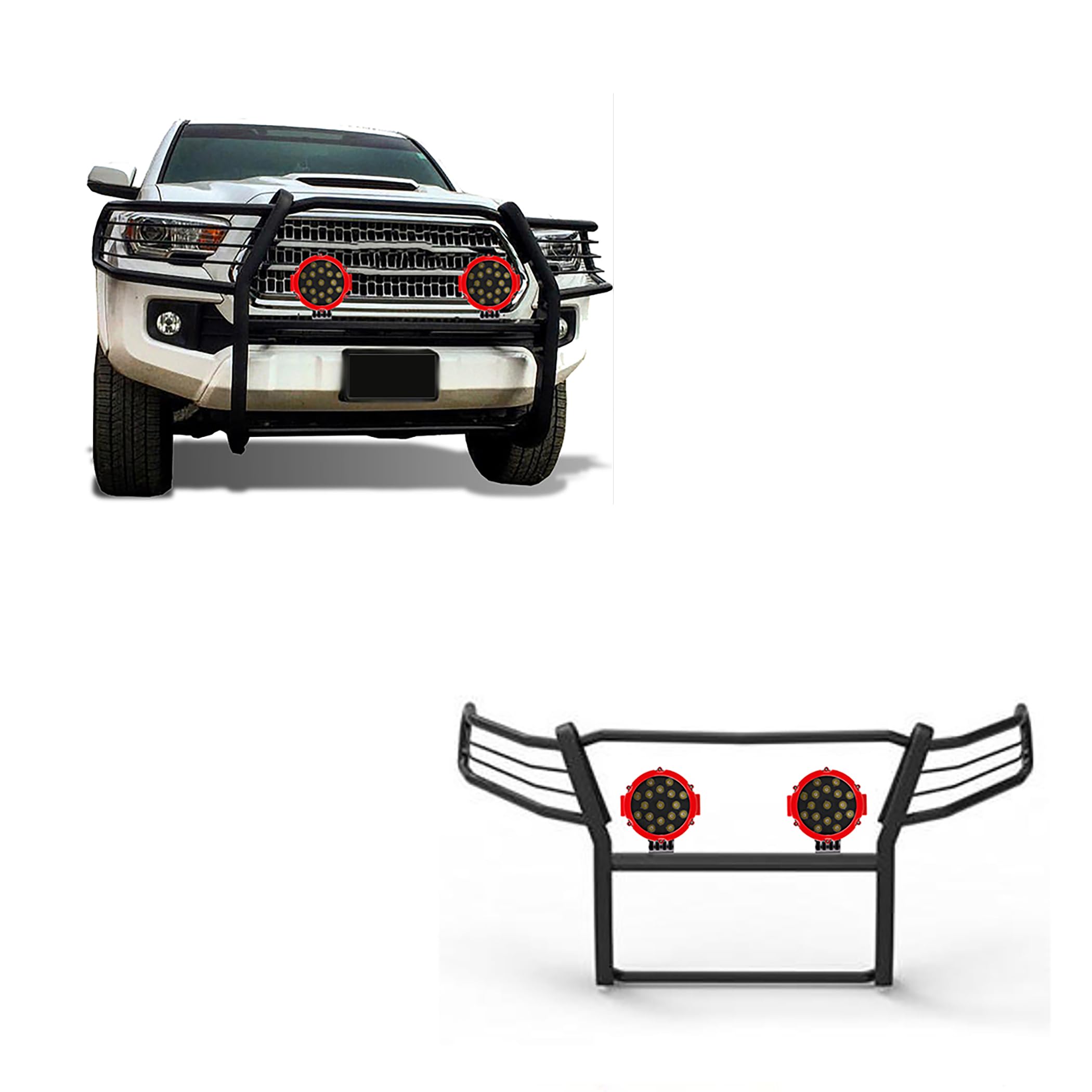 Bumper Guard Black Horse Grille Brush Modular Black Come with Pair of 7.0" Dia.LED Lights with Red Trim Rings Compatible with 2016-2023 Toyota Tacoma-17A096402MA-PLR