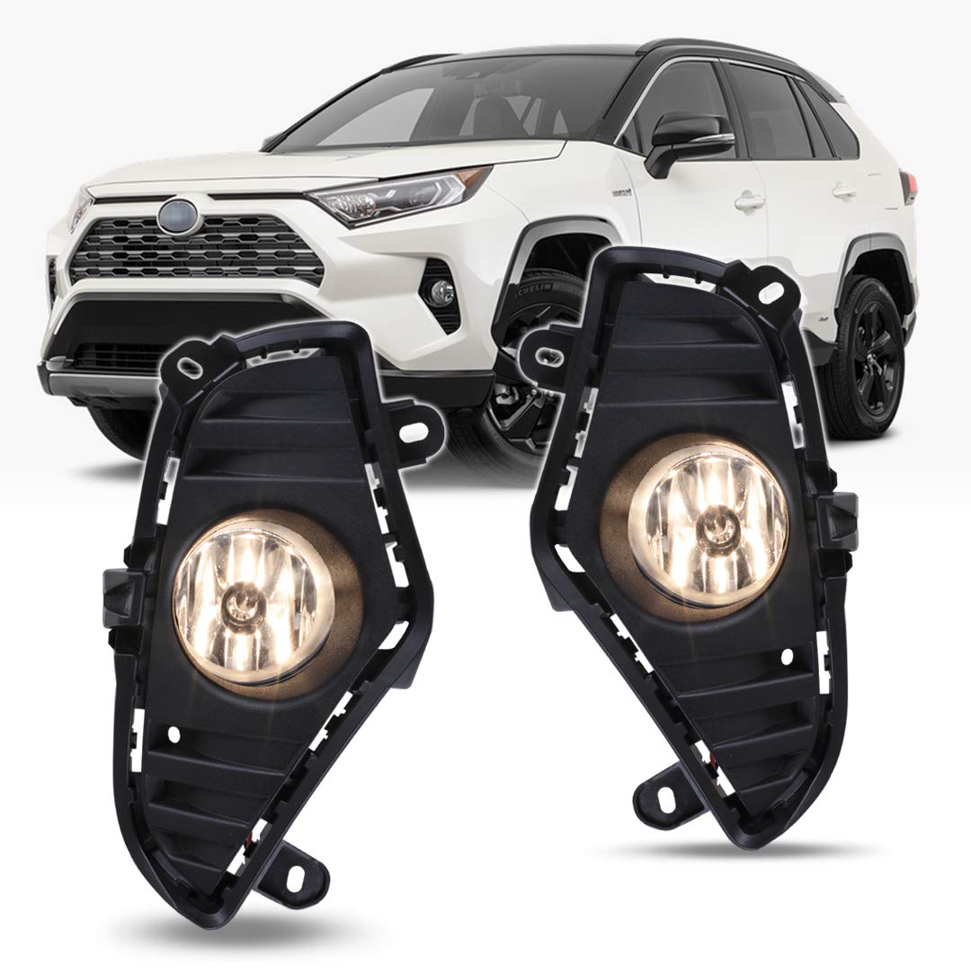 Fog Lights Assembly Winjet Fit For 2019 2020 2021 2022 2023 2024 2025 Toyota RAV4, Driver & Passenger Driving Fog Lamps Replacement w/ H11 Halogen Bulbs (Black Housing Clear Lens)