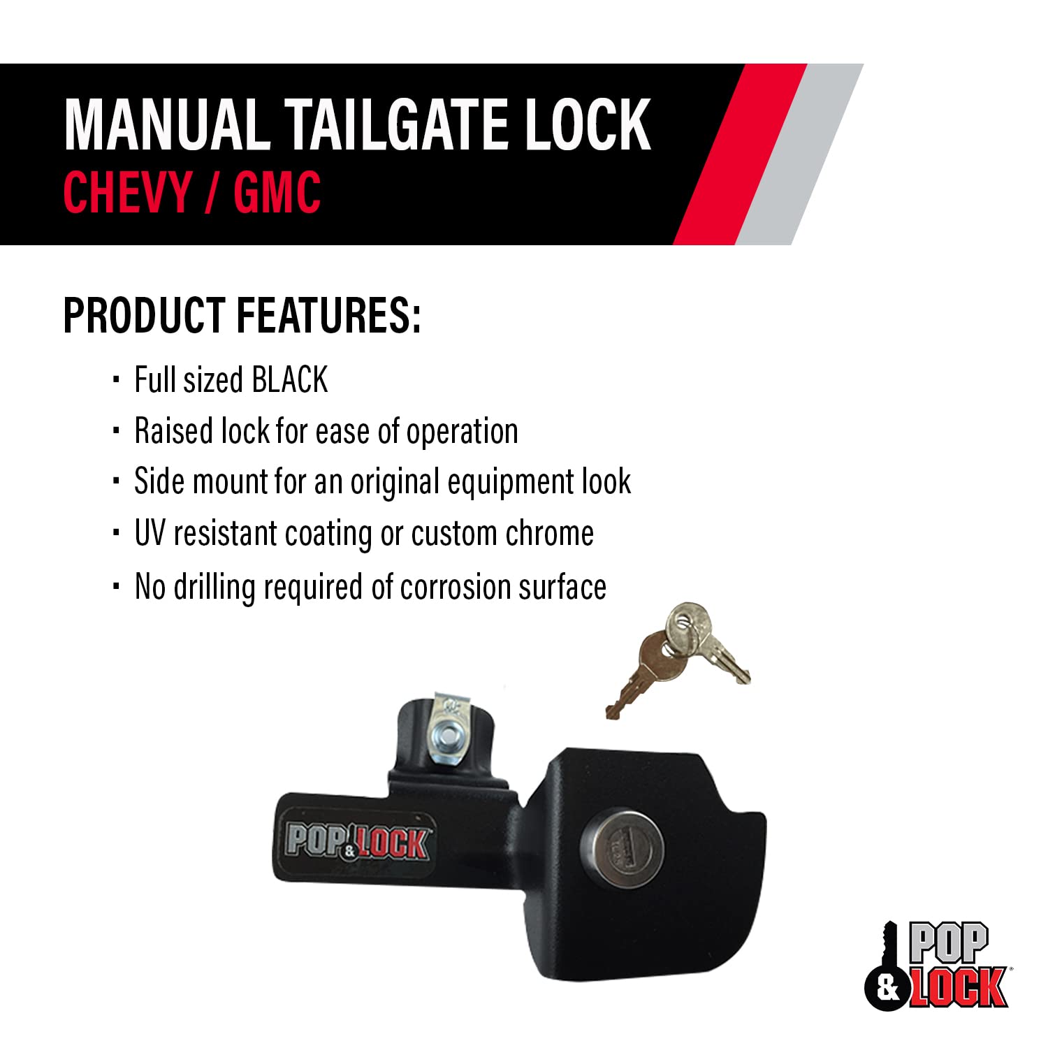 Manual Tailgate Lock – Pop & Lock for Chevy Silverado and GMC Sierra, Fits 1999 to 2007 Models (Black, PL1100)