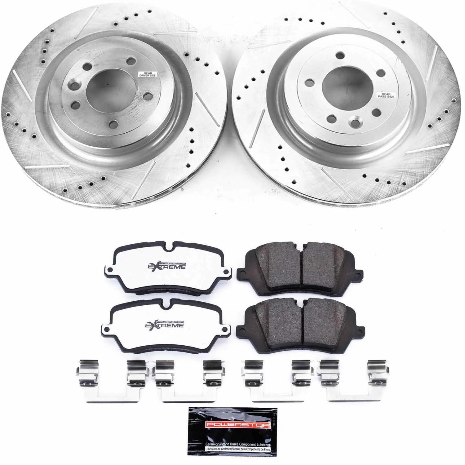 Power Stop Brake Kit Rear For 2021 2022 2023 2024 2025 Land Rover Defender 110 - Truck & Tow Carbon Fiber Ceramic Pads & Drilled and Slotted Rotors Replacement, K8385-36