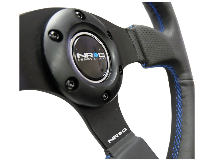 NRG Innovations Reinforced Steering Wheel NRG-RST-012R-BL - Leather Wrap Steering Wheel 320mm with Blue Stitch, Thumb Grip 3 Spoke Style