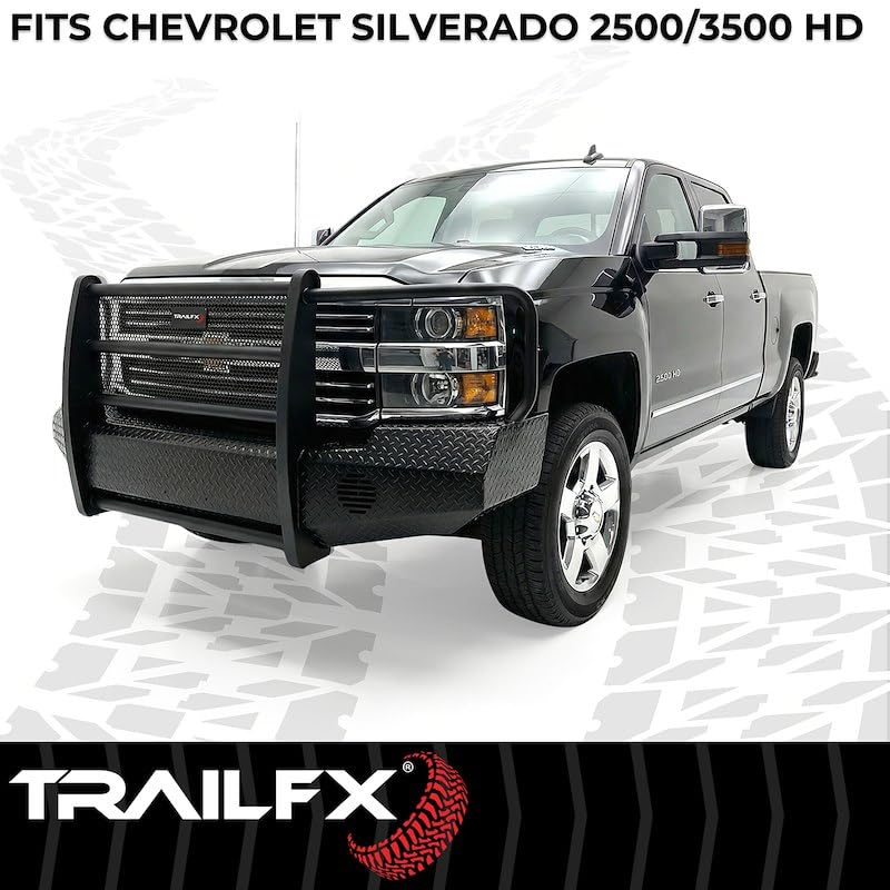 Bumper Trail FX3005A FX, One Piece Design, Direct Fit, With Grille Guard/Grille Mesh/Auxiliary Light Cutouts, Without Winch Mount, Gloss Black, Steel, Fits 2007-2010 Chevrolet Silverado 2500/3500 HD