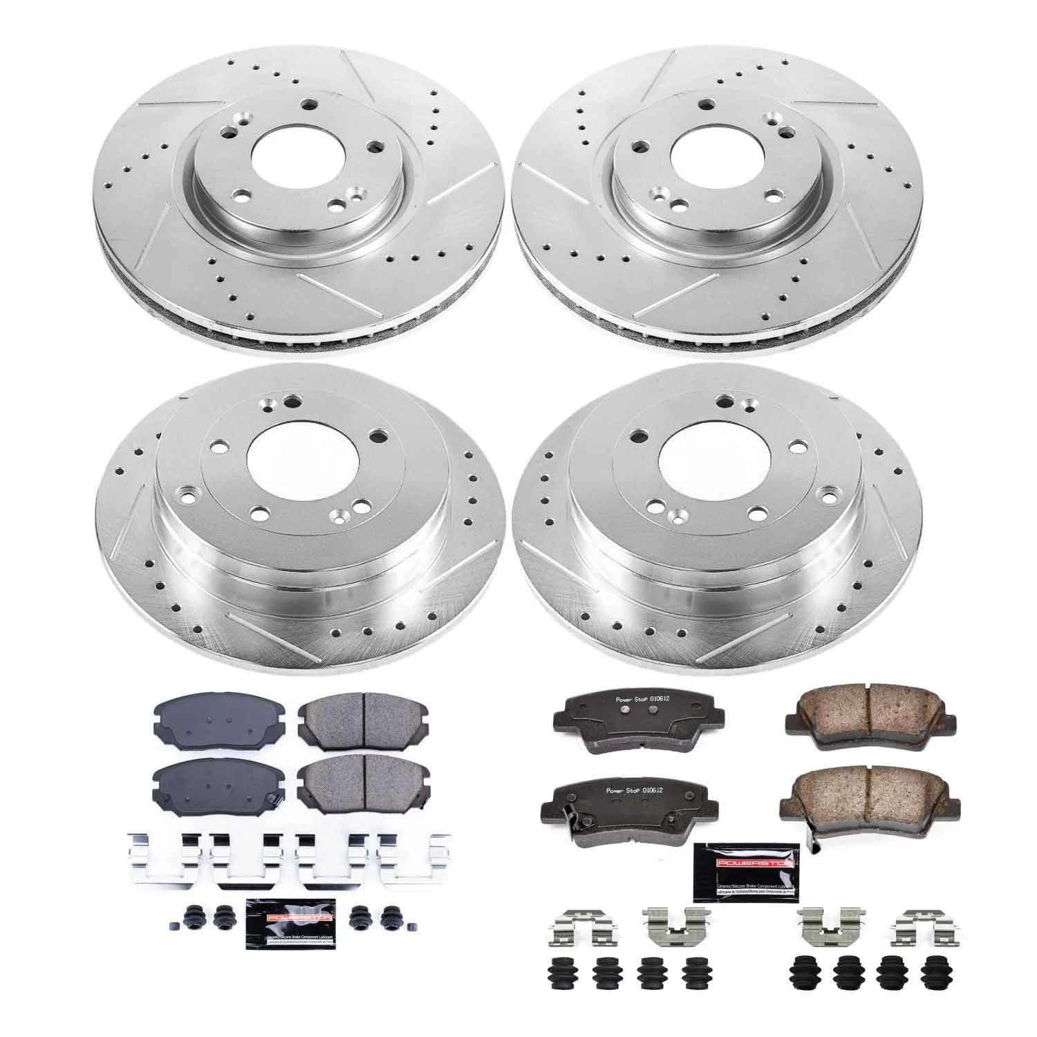 Power Stop K4127 Z23 Carbon Fiber Brake Pads Front and Rear with Drilled & Slotted Brake Rotors Kit For Kia Amanti 2007-2009 [Model Specific]