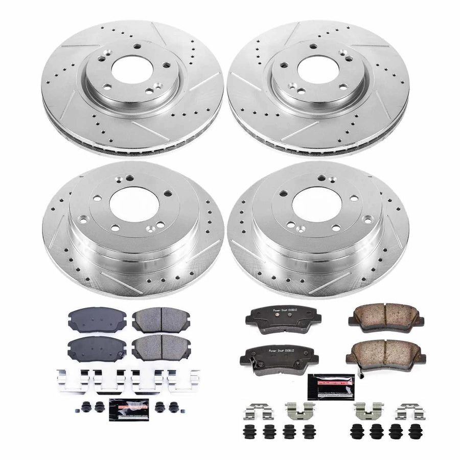 Power Stop K4127 Z23 Carbon Fiber Brake Pads Front and Rear with Drilled & Slotted Brake Rotors Kit For Kia Amanti 2007-2009 [Model Specific]