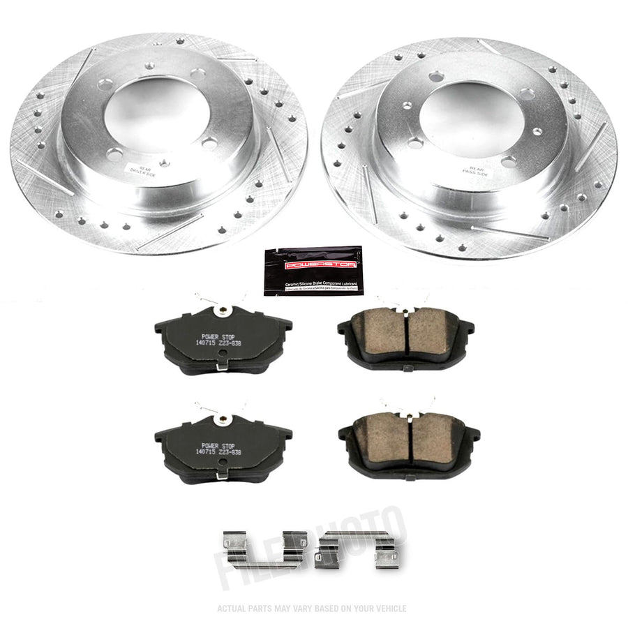 Power Stop K913 Rear Brake Pads Z23 Carbon Fiber with Drilled & Slotted Brake Rotors Kit For Volvo S40 2000-2004, Volvo V40 2000-2004 [Model Specific]