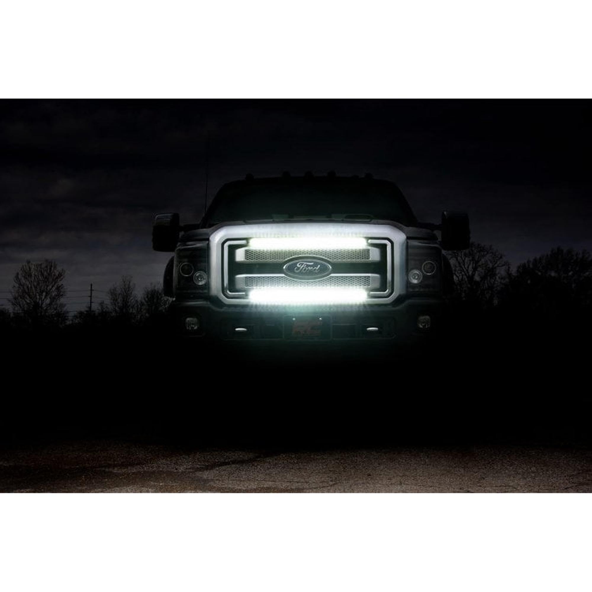 30" Rough Country Curved Dual Row LED Light Bar with Mesh Grille Mount Kit 30" for Ford F-250/F-350 Super Duty (2011-2016) - 30-in Black Series 300w LED Bar, White DRL