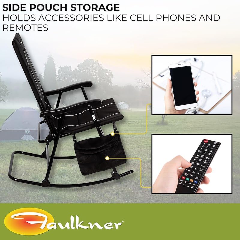 Dakota Faulkner Folding Rocking Chair Black Padded Seat and Backrest Lightweight Steel Frame Side Pouch 300 lb Capacity Foldable Outdoor Camping and Patio Chair