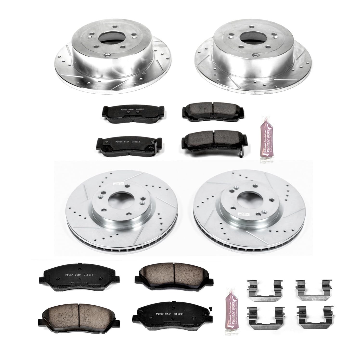Power Stop K4116 Z23 Carbon Fiber Brake Pads Front and Rear with Drilled & Slotted Brake Rotors Kit For Hyundai Santa Fe 2007-2009 [Model Specific]
