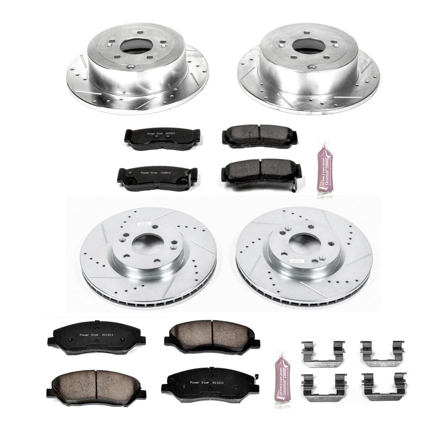 Power Stop K4116 Z23 Carbon Fiber Brake Pads Front and Rear with Drilled & Slotted Brake Rotors Kit For Hyundai Santa Fe 2007-2009 [Model Specific]