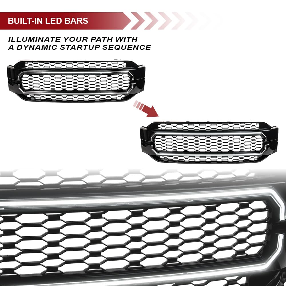 HEX Style Armordillo Honeycomb Mesh LED Front Grille|Compatible With 2021-2023 Ford F150 F-150|8735039|ABS Plastic|Gloss Black|Front Hood Bumper Grille With LED Light Bar