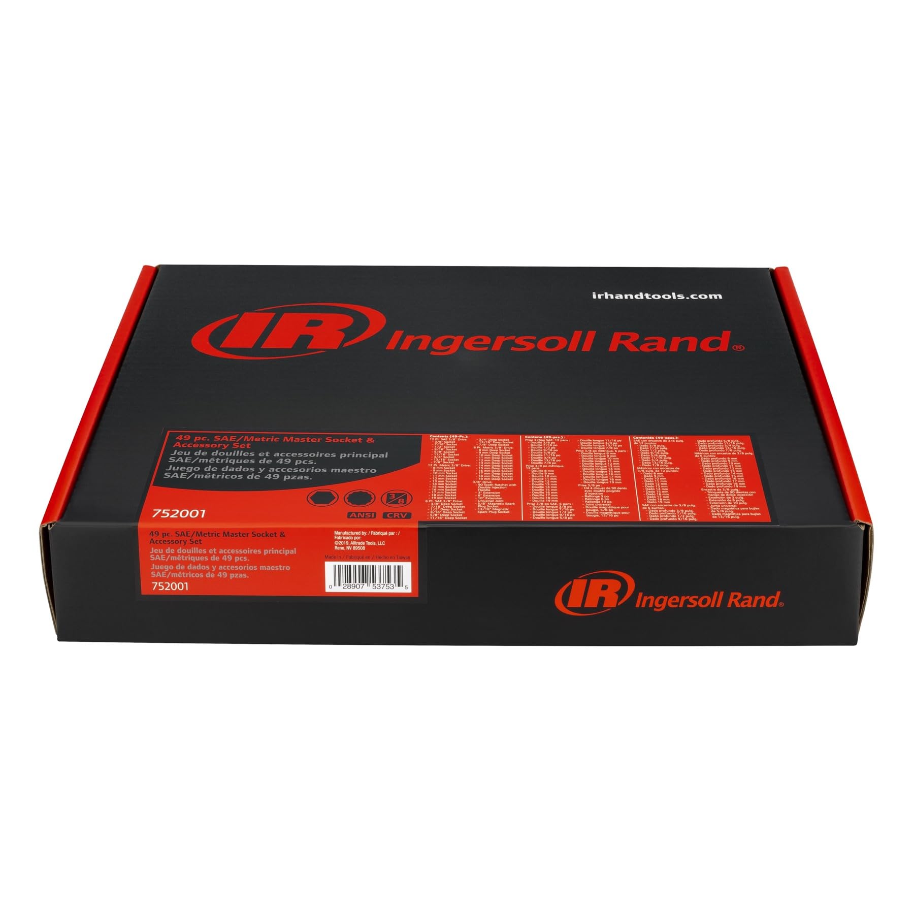 Ingersoll Rand 49-Piece SAE/Metric 3/8-Inch Drive Master Socket and Accessory Set, Includes 90-Tooth Ratchet, Extensions, U-Joint, Magnetic Spark Plug Sockets & EVA Tray – 752001
