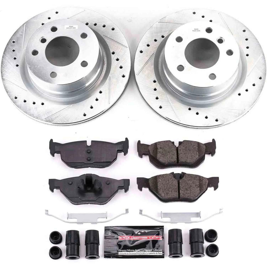 Power Stop K5687 Z23 Rear Carbon Fiber Brake Pads with Drilled & Slotted Brake Rotors Kit For BMW 128i 2008-2010 [Model Specific]